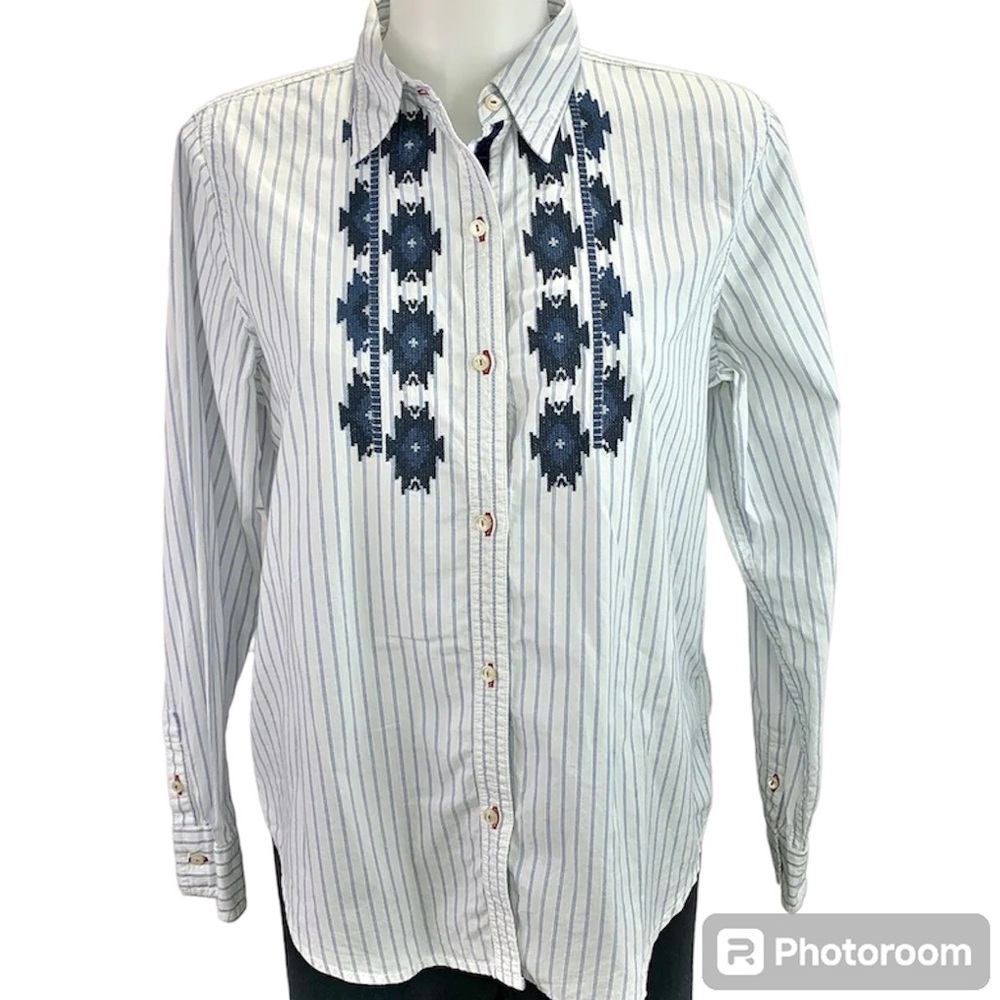 CHAPS Women's Button Up Shirt Striped Southwest Aztec Embroidered D7